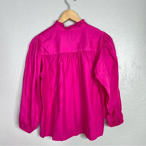 Gap, puff sleeve mock neck button up shirt in neon pink sz M - Picture 3 of 7